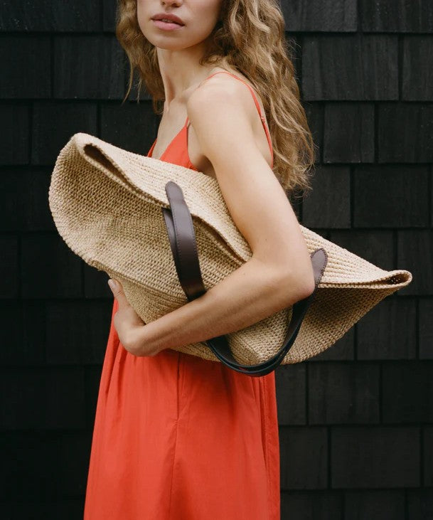 Hand Crocheted Raffia Wide Opening Leather Handle Shopper Tote