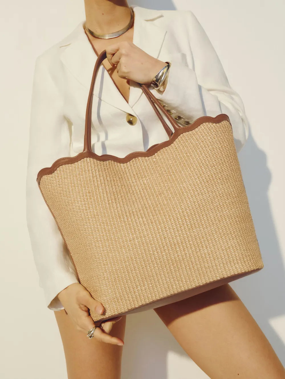 Scalloped Rattan Woven Large Everyday Shoulder Tote