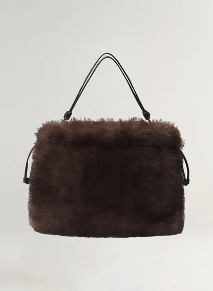 Espresso Faux Mink Drawstring Shoulder Bucket Bag