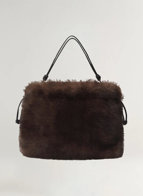 Espresso Faux Mink Drawstring Shoulder Bucket Bag