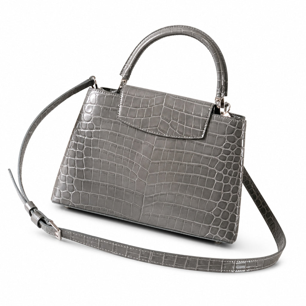 Louis Vuitton Capucines Medium Croc-Embossed Leather Gray Silver Handbag