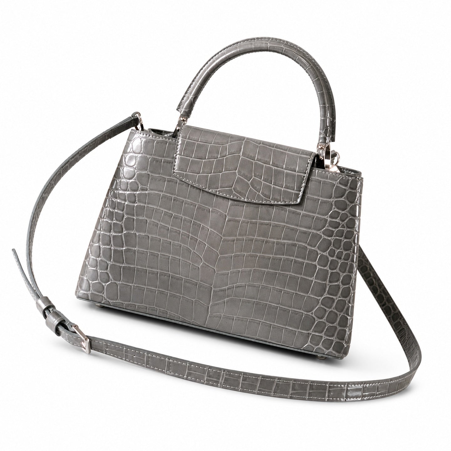 Louis Vuitton Capucines Medium Croc-Embossed Leather Gray Silver Handbag
