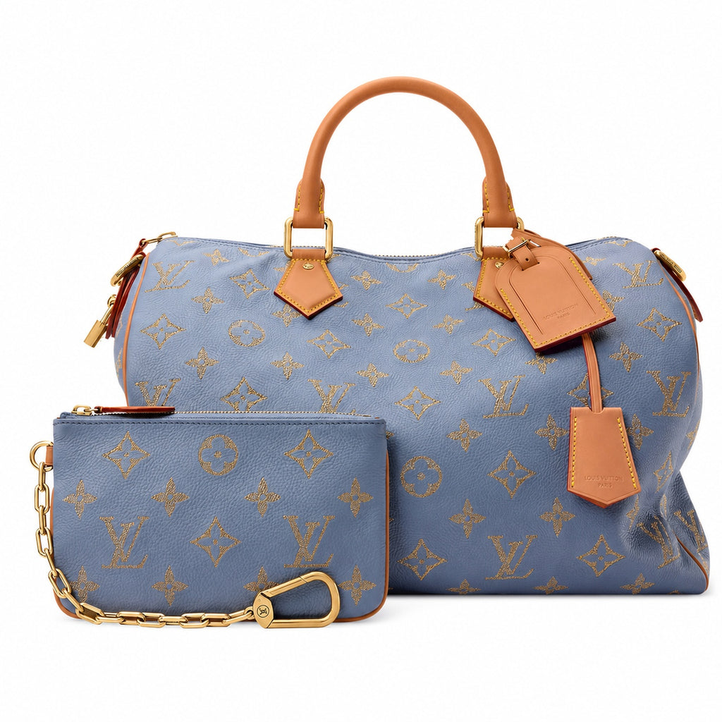 Louis Vuitton Speedy Bandouliere Embroidered Leather Gray Blue Gold Handbag