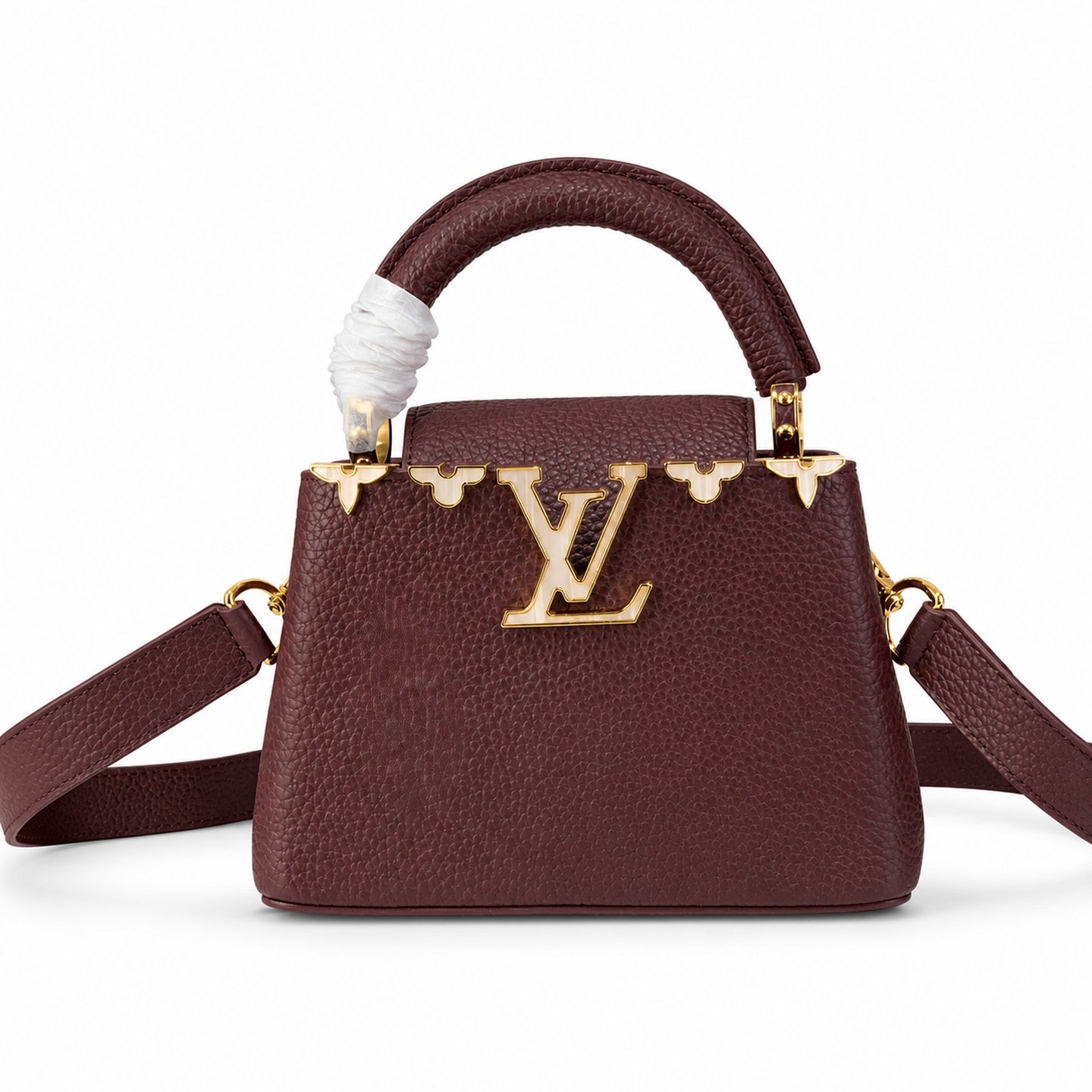 Louis Vuitton Capucines Mini Leather White Gold Burgundy Handbag