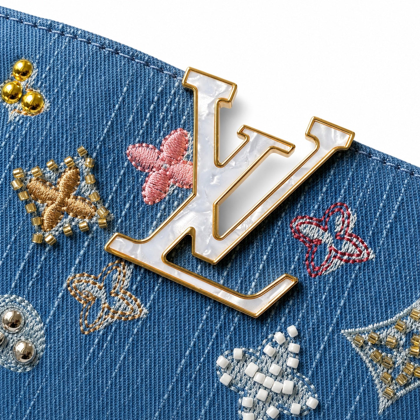 Louis Vuitton Capucines Embroidered Denim Leather White Handbag