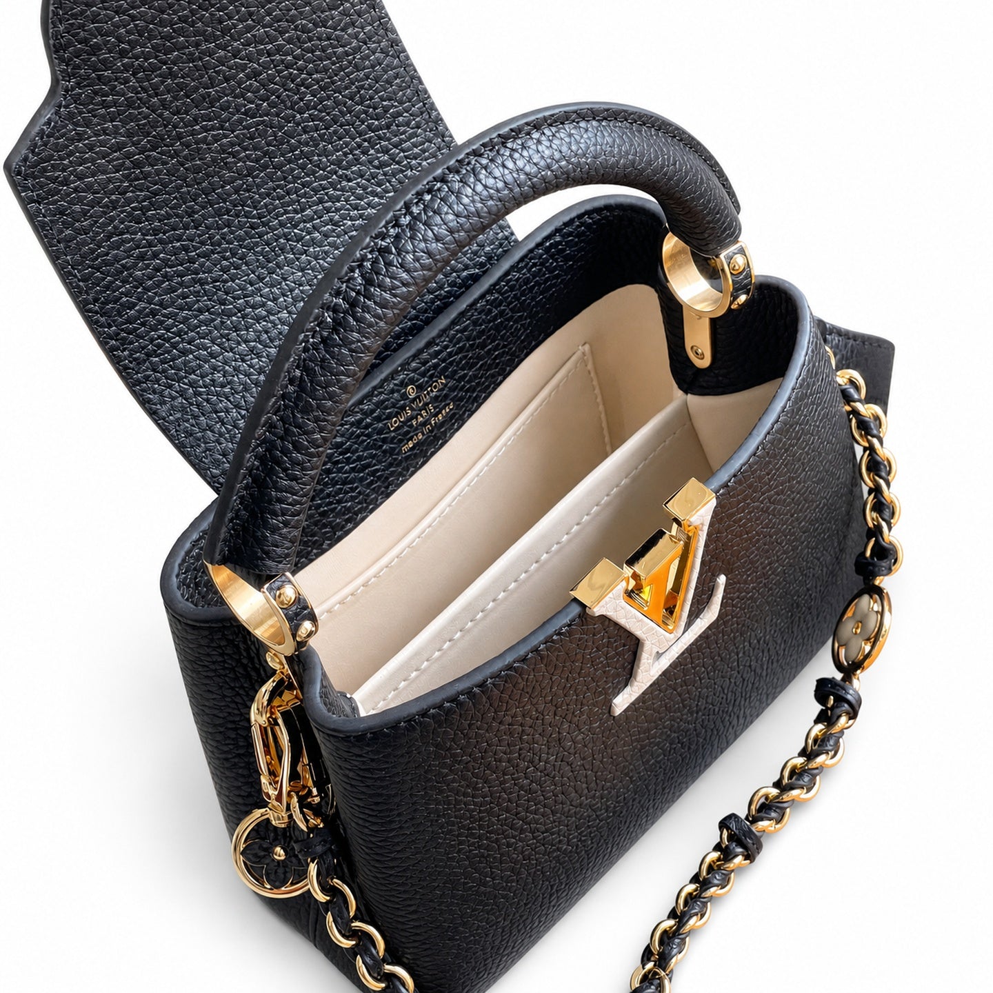 Louis Vuitton Capucines Mini Leather Black White Gold Handbag
