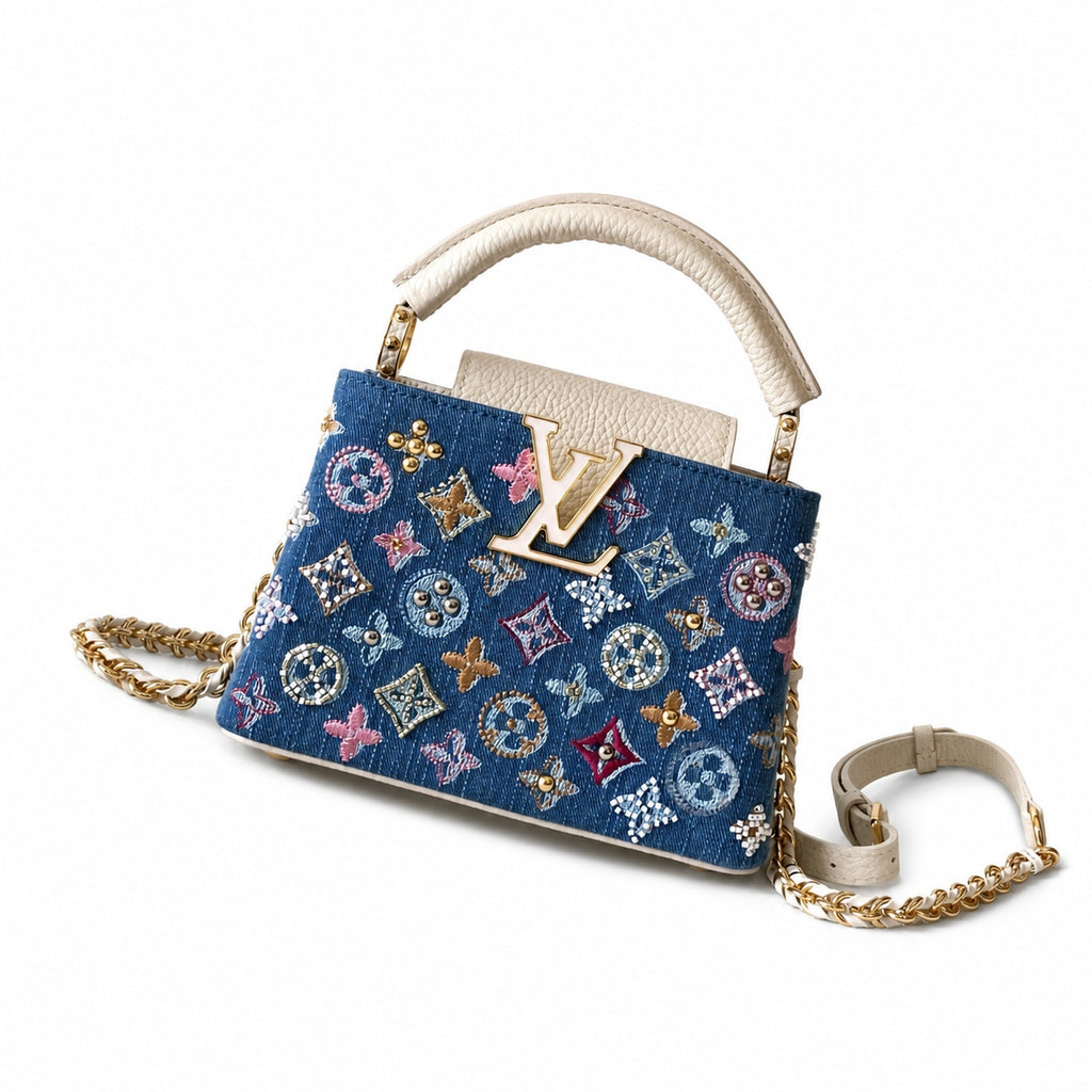 Louis Vuitton Mini Embroidered Cotton Denim Leather Handbag