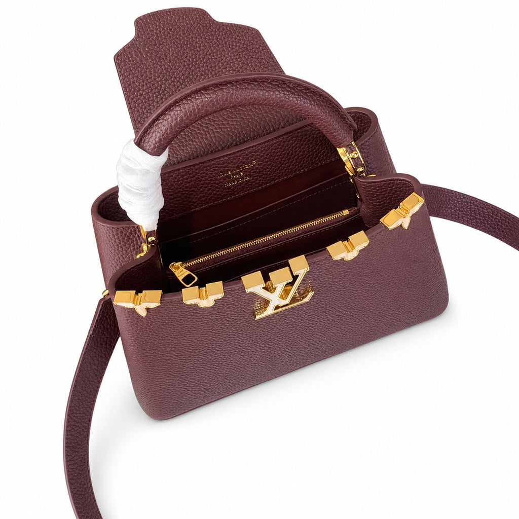 Louis Vuitton Capucines Leather White Gold Burgundy Handbag