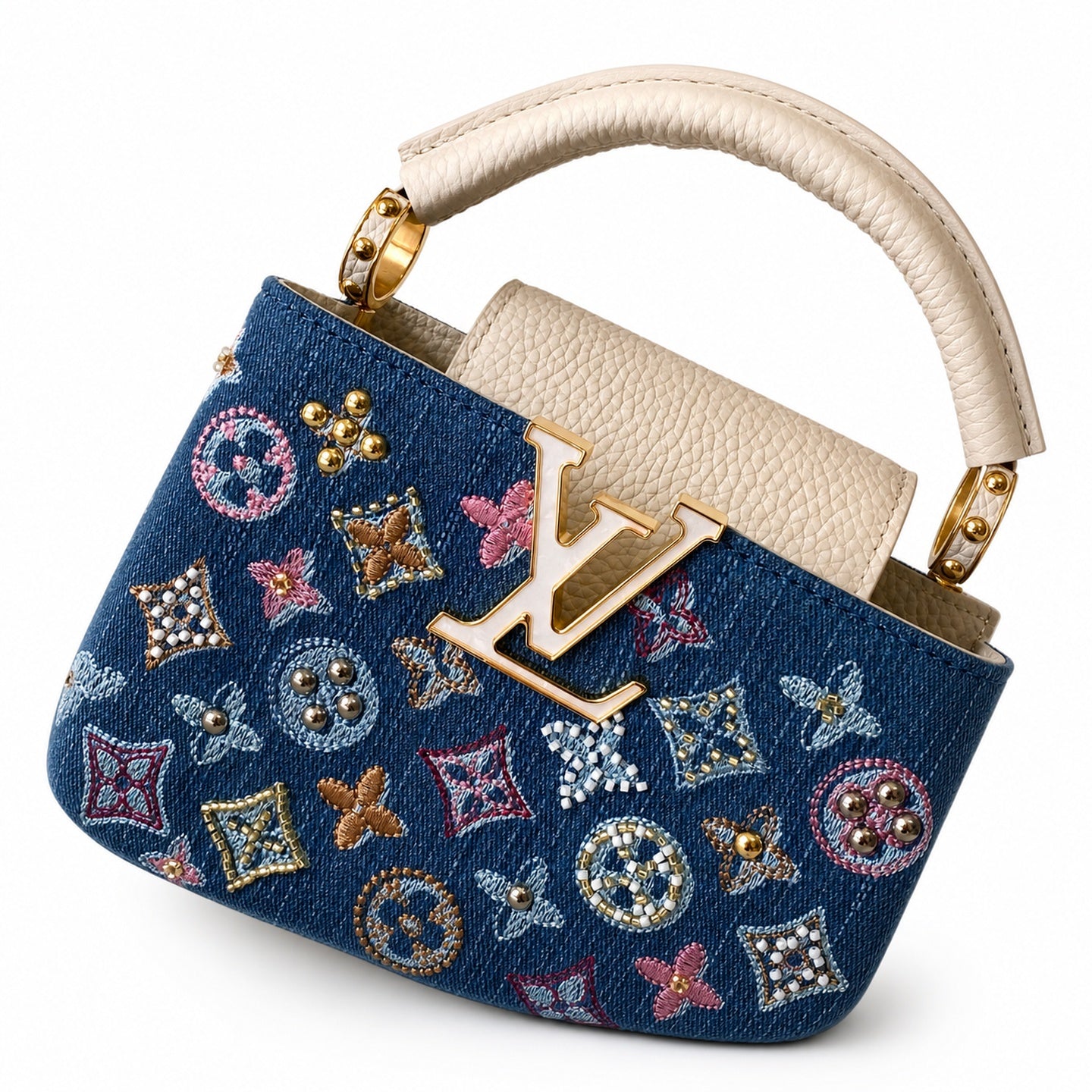 Louis Vuitton Mini Embroidered Cotton Denim Leather Handbag