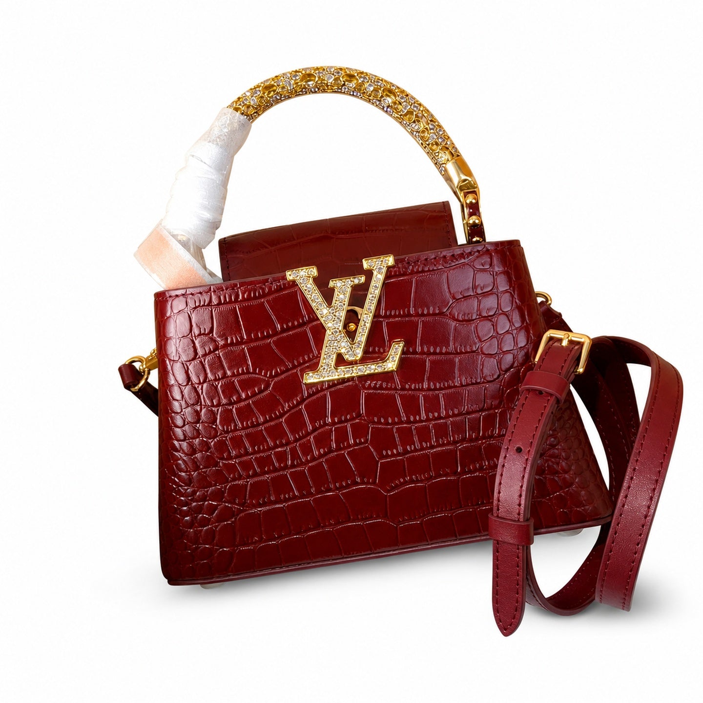 Louis Vuitton Capucines Mini Croc-Embossed Leather Burgundy Handbag