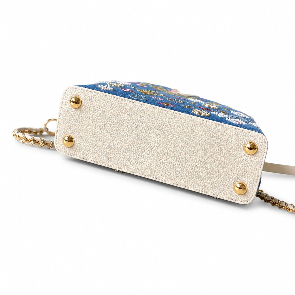 Louis Vuitton Capucines Embroidered Denim Leather White Handbag
