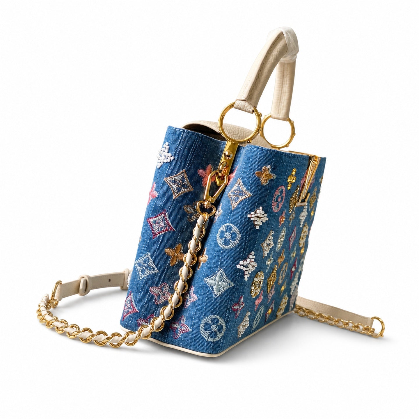 Louis Vuitton Capucines Embroidered Denim Leather White Handbag