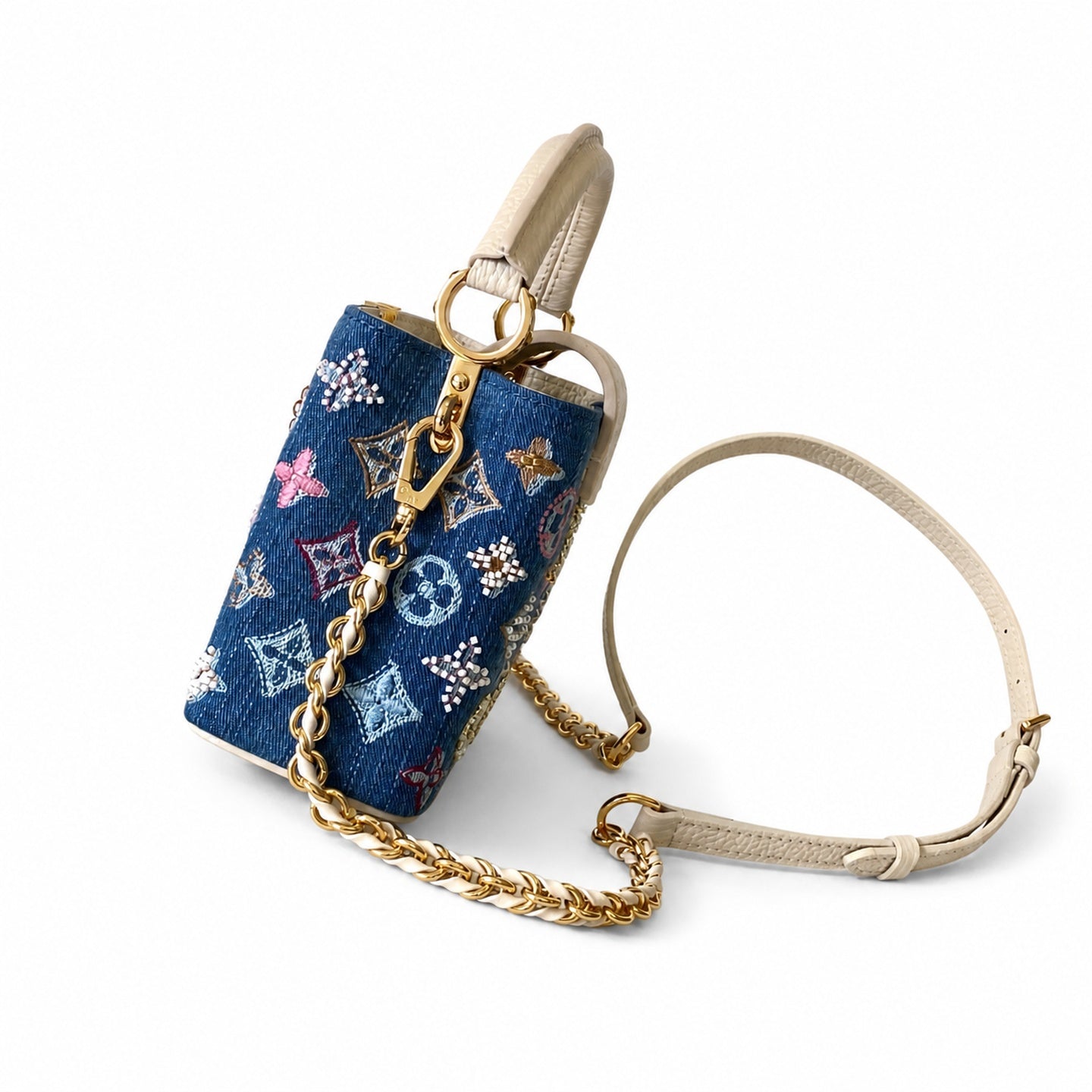 Louis Vuitton Mini Embroidered Cotton Denim Leather Handbag