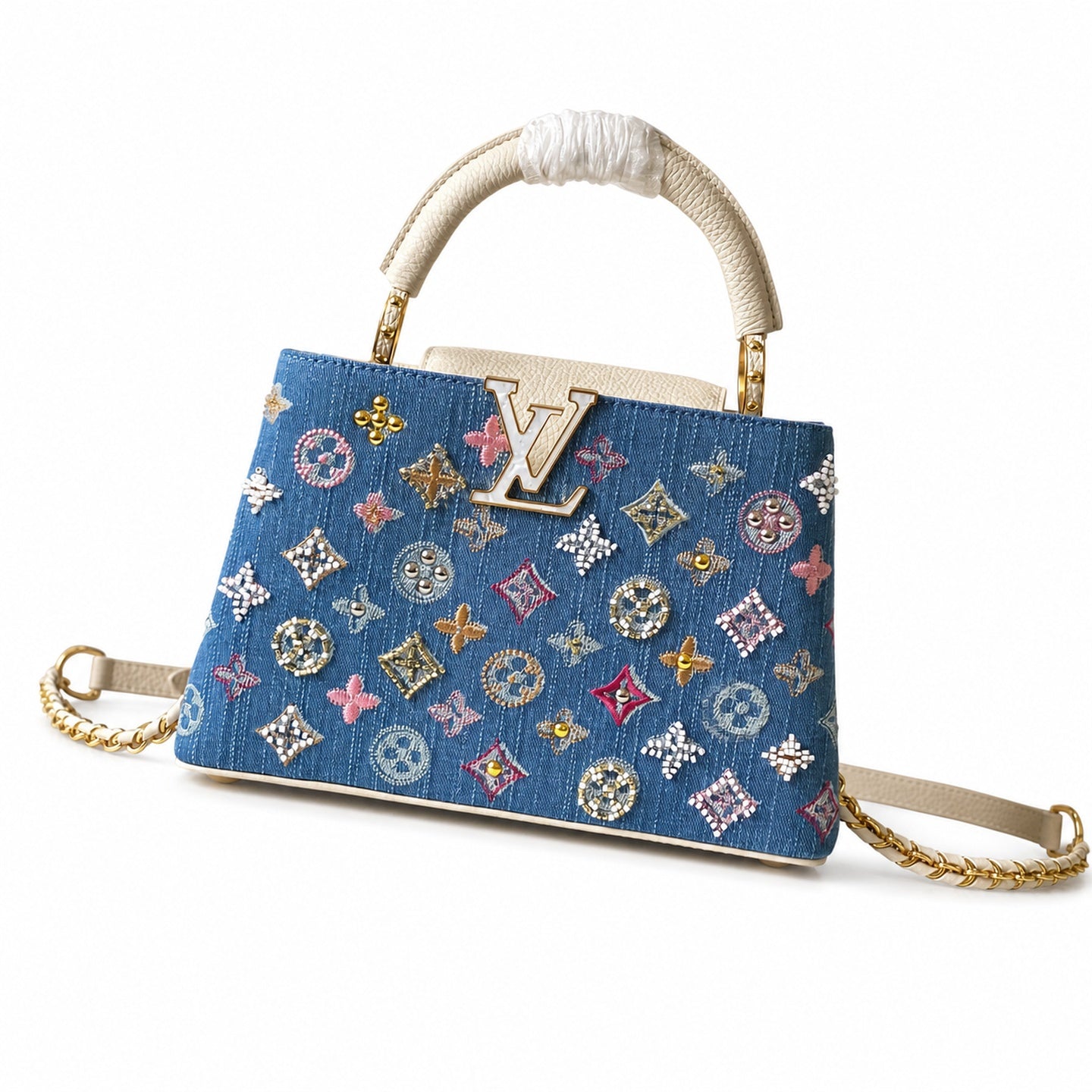 Louis Vuitton Capucines Embroidered Denim Leather White Handbag