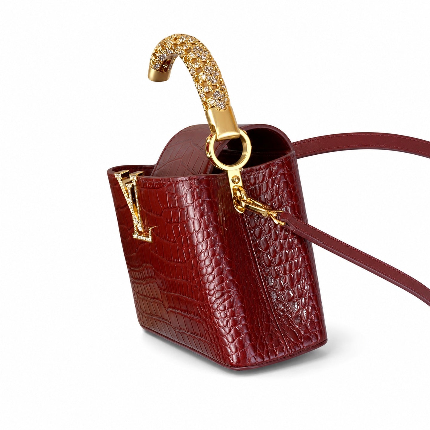 Louis Vuitton Capucines Mini Croc-Embossed Leather Burgundy Handbag