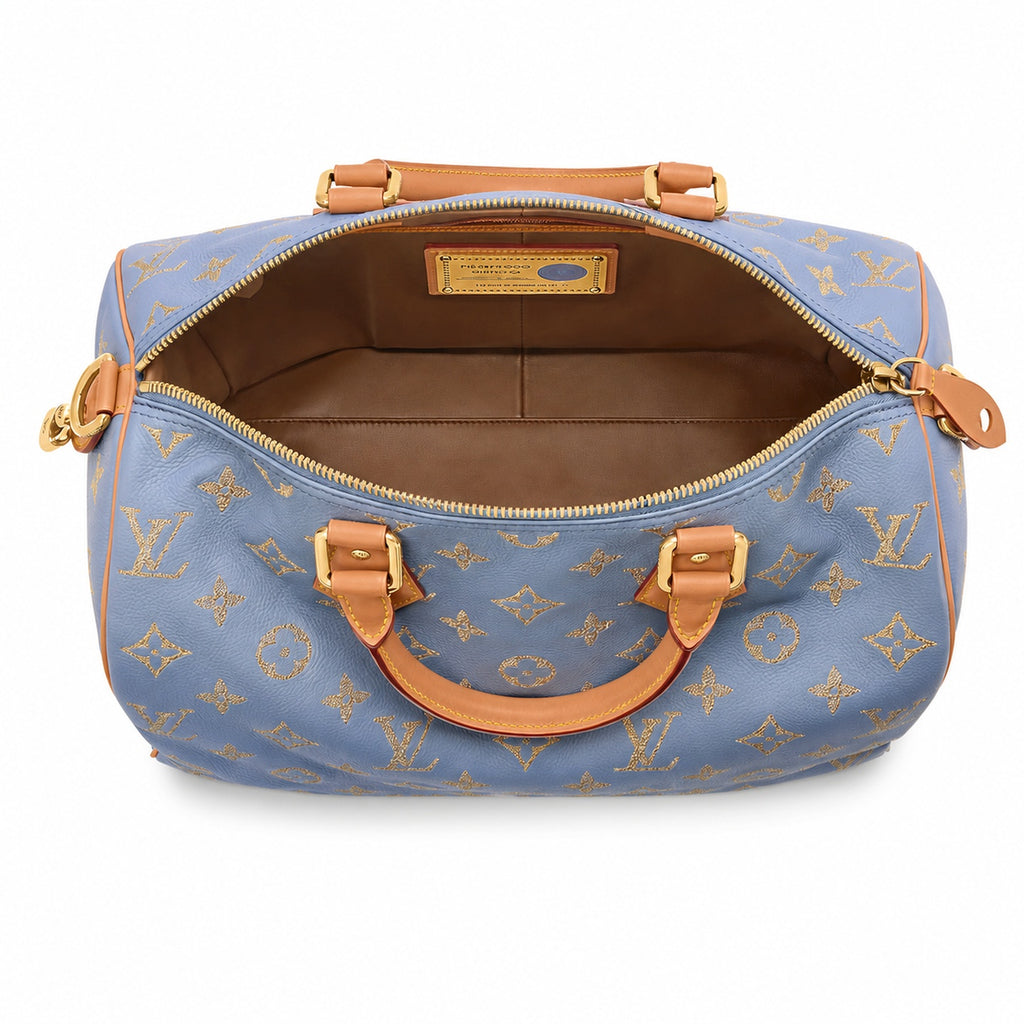 Louis Vuitton Speedy Bandouliere Embroidered Leather Gray Blue Gold Handbag