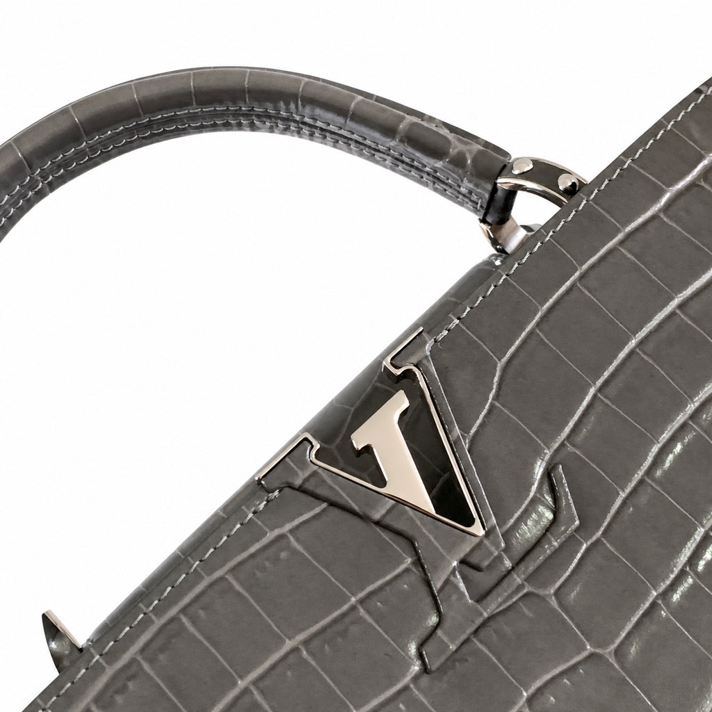 Louis Vuitton Capucines Medium Croc-Embossed Leather Gray Silver Handbag