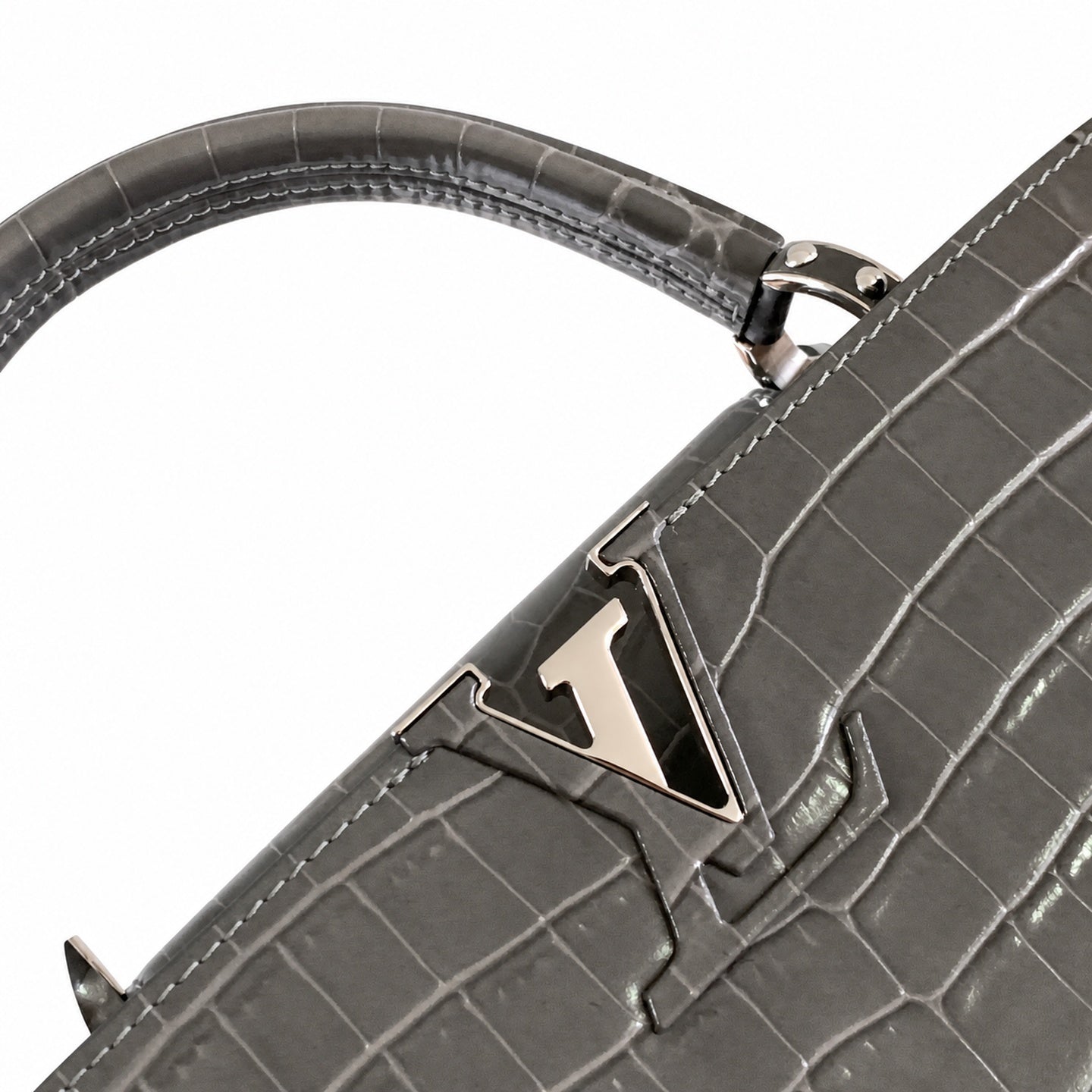 Louis Vuitton Capucines Medium Croc-Embossed Leather Gray Silver Handbag
