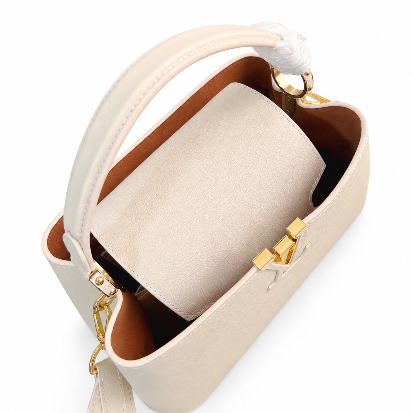 Louis Vuitton Capucines Medium Suede Leather White Brown Handbag