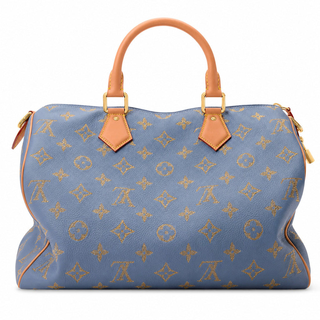Louis Vuitton Speedy Bandouliere Embroidered Leather Gray Blue Gold Handbag