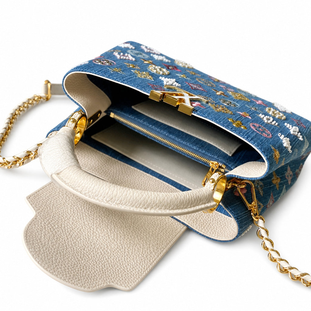Louis Vuitton Capucines Embroidered Denim Leather White Handbag