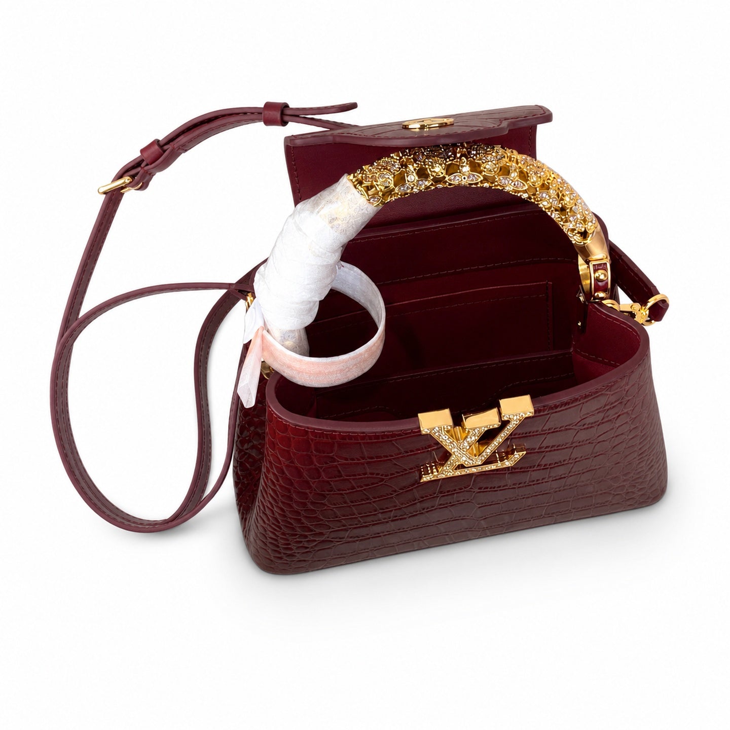 Louis Vuitton Capucines Mini Croc-Embossed Leather Burgundy Handbag