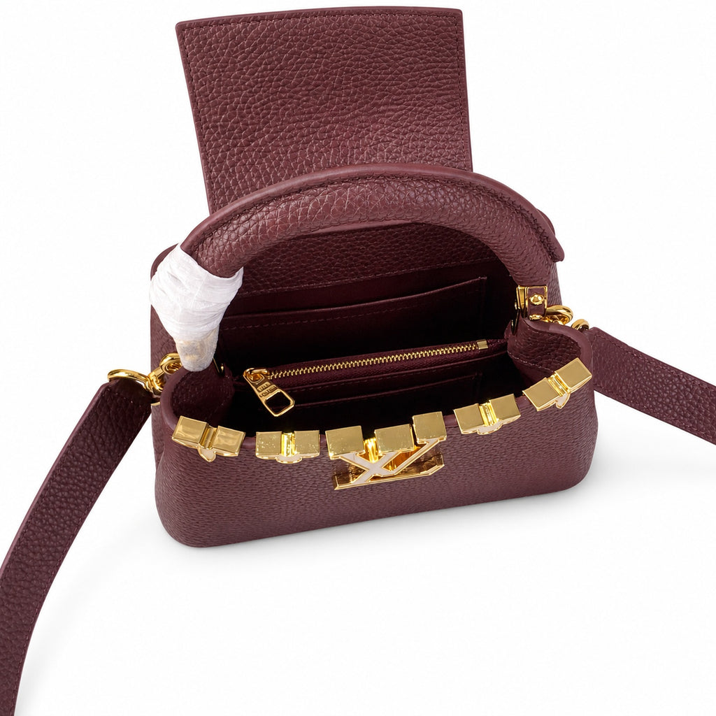 Louis Vuitton Capucines Mini Leather White Gold Burgundy Handbag