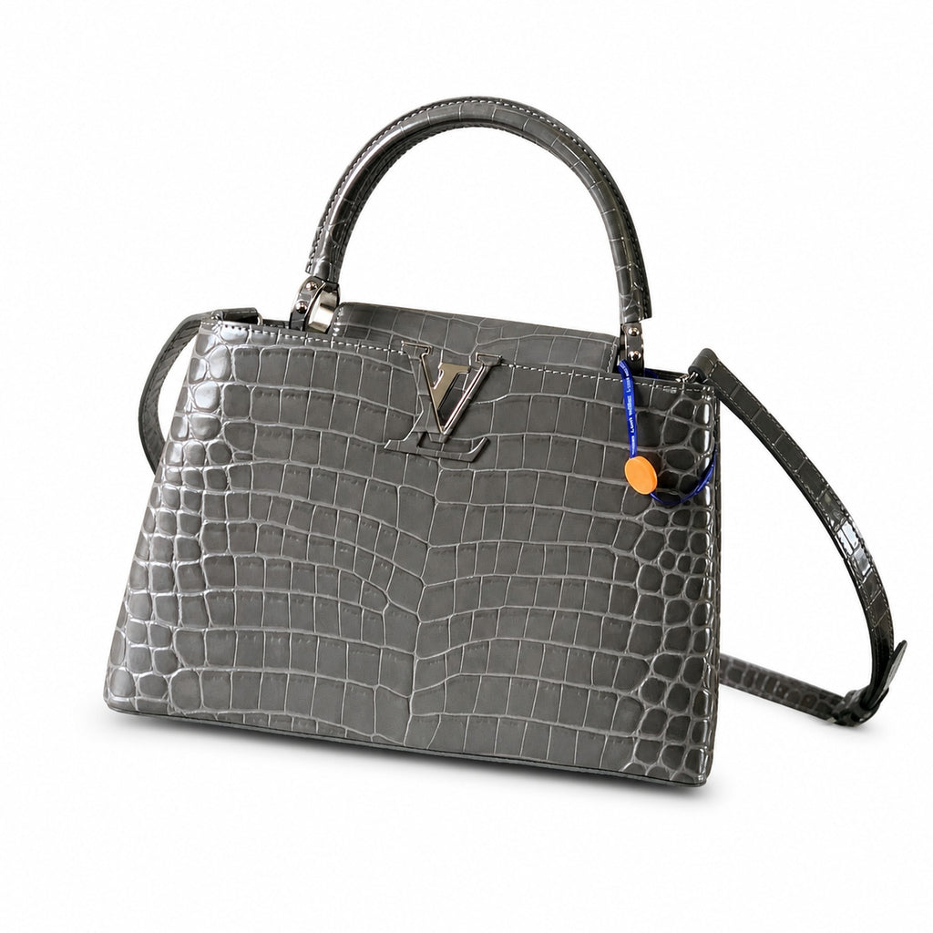 Louis Vuitton Capucines Medium Croc-Embossed Leather Gray Silver Handbag