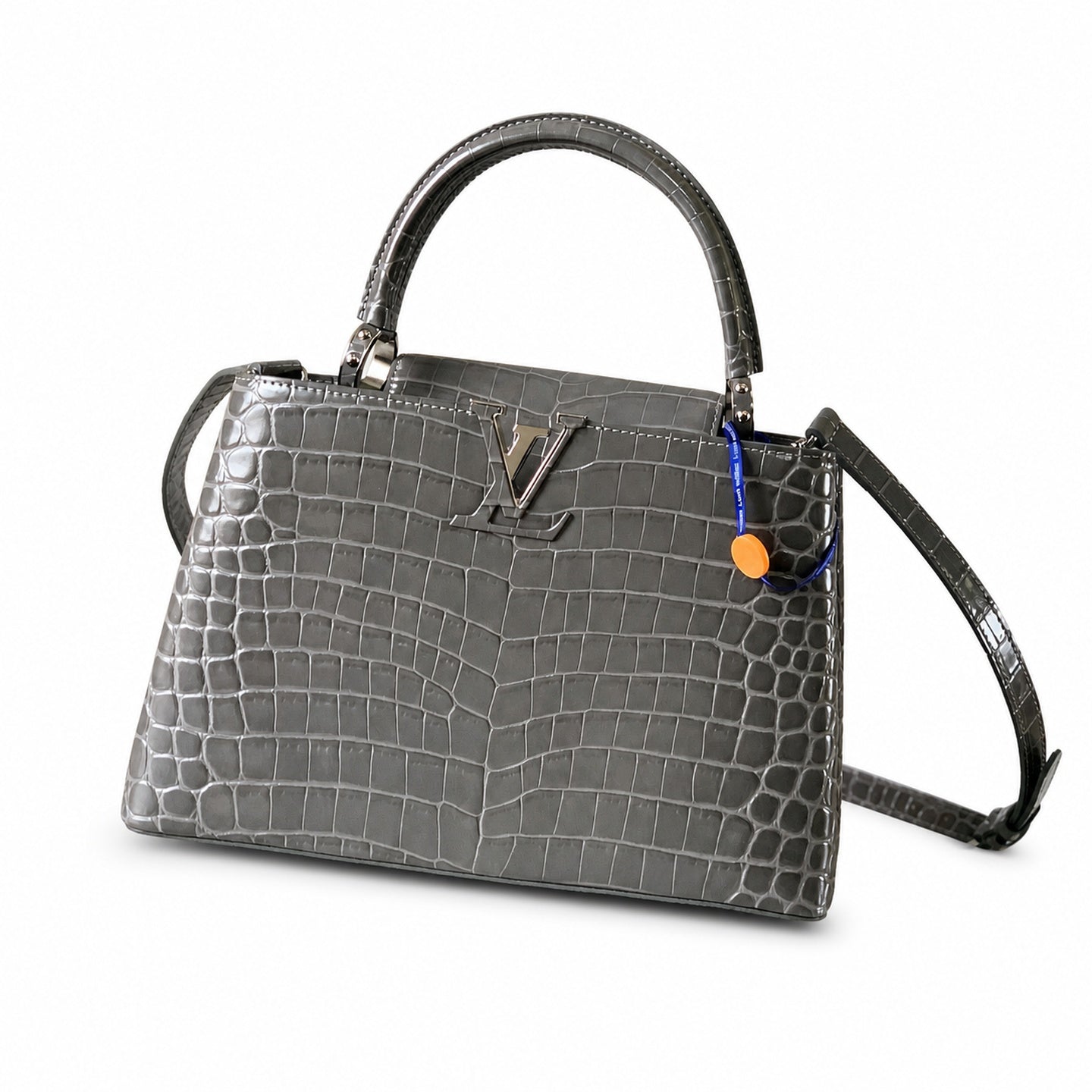 Louis Vuitton Capucines Medium Croc-Embossed Leather Gray Silver Handbag