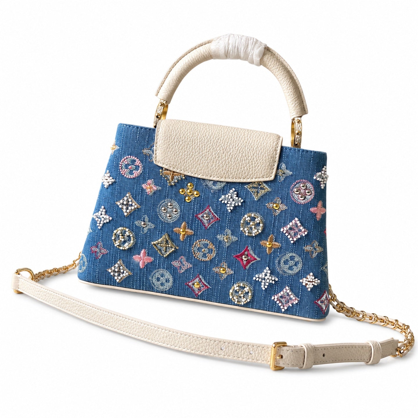 Louis Vuitton Capucines Embroidered Denim Leather White Handbag