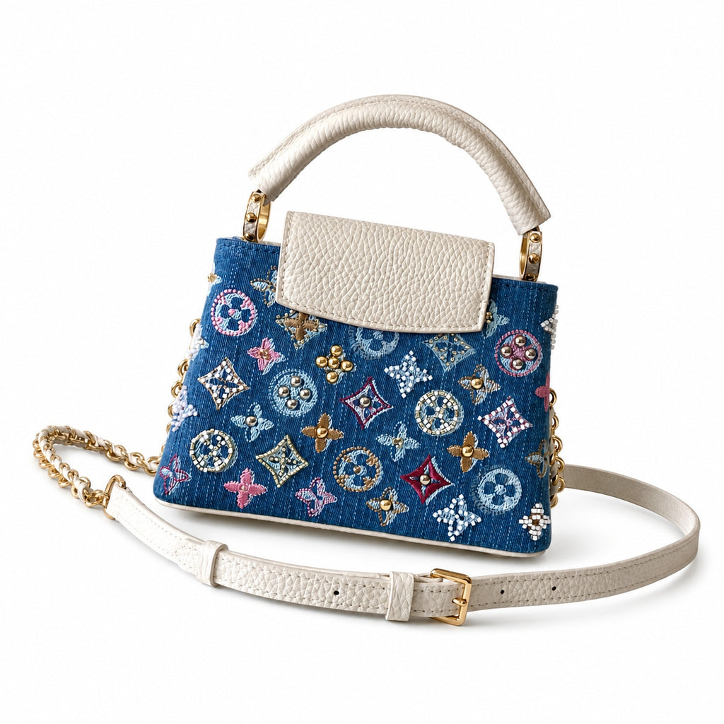 Louis Vuitton Mini Embroidered Cotton Denim Leather Handbag
