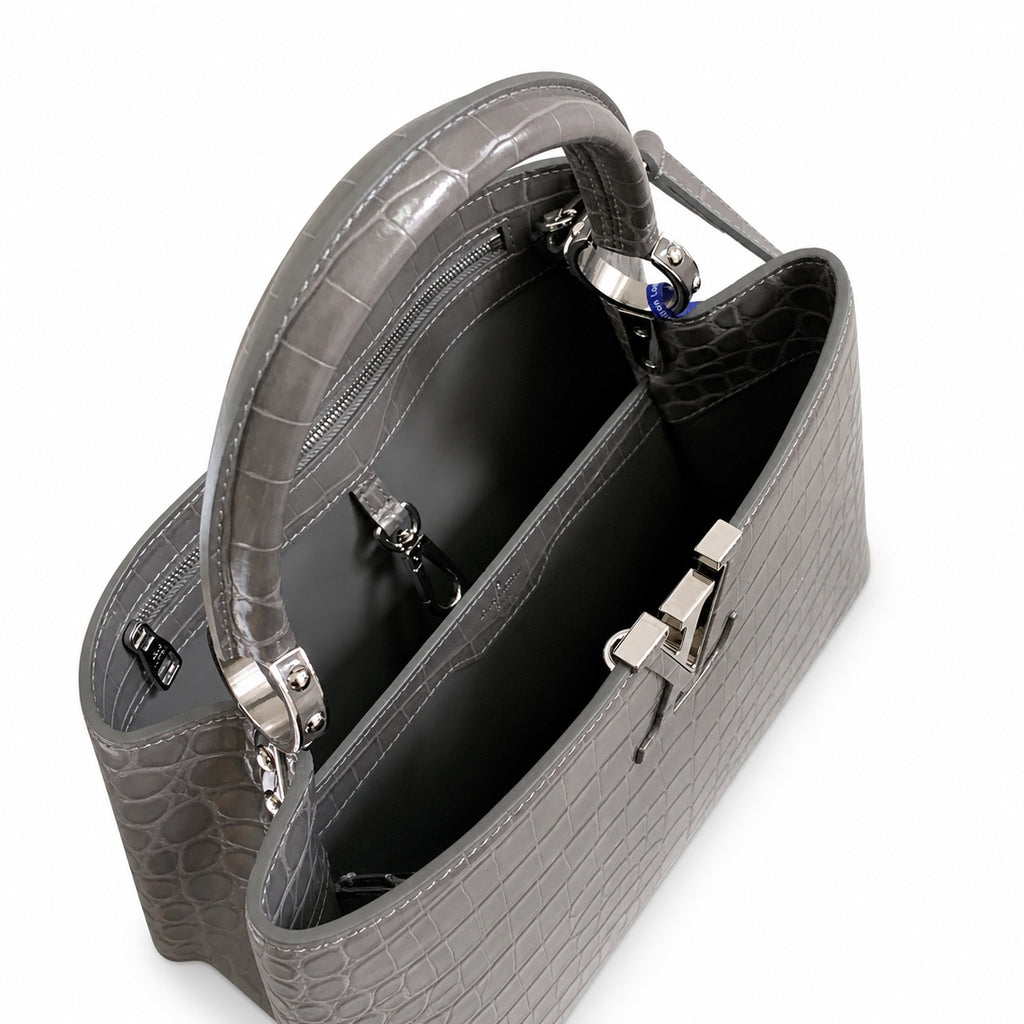 Louis Vuitton Capucines Medium Croc-Embossed Leather Gray Silver Handbag