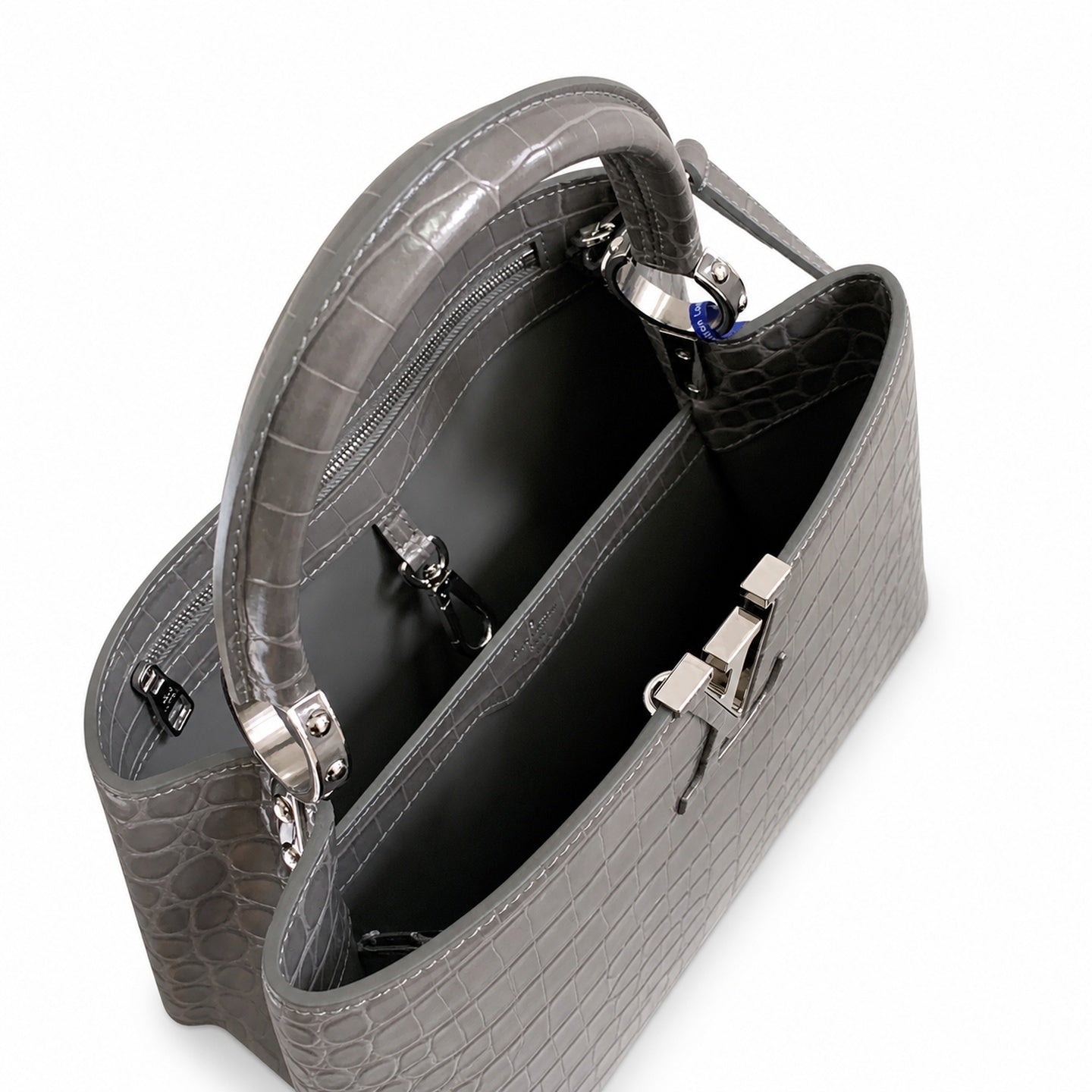 Louis Vuitton Capucines Medium Croc-Embossed Leather Gray Silver Handbag