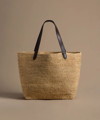 Hand Crocheted Raffia Wide Opening Leather Handle Shopper Tote