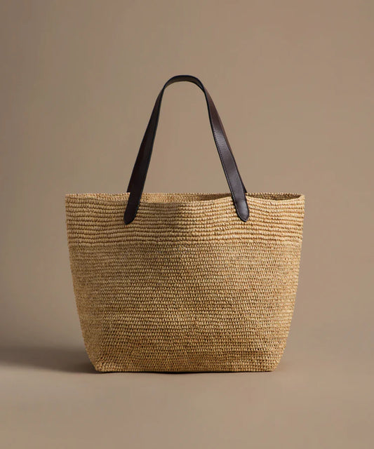 Hand Crocheted Raffia Wide Opening Leather Handle Shopper Tote