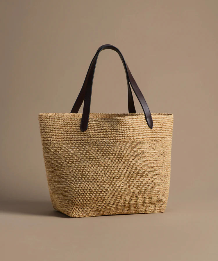 Hand Crocheted Raffia Wide Opening Leather Handle Shopper Tote