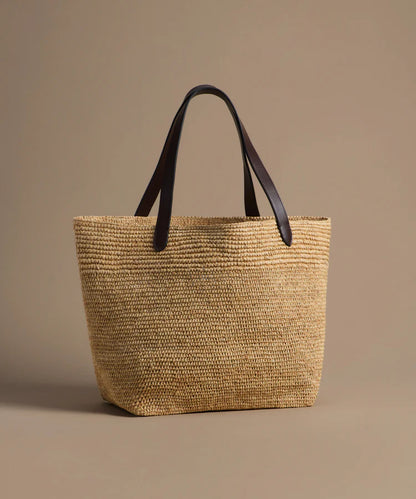 Hand Crocheted Raffia Wide Opening Leather Handle Shopper Tote