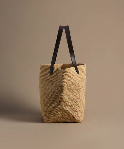 Hand Crocheted Raffia Wide Opening Leather Handle Shopper Tote