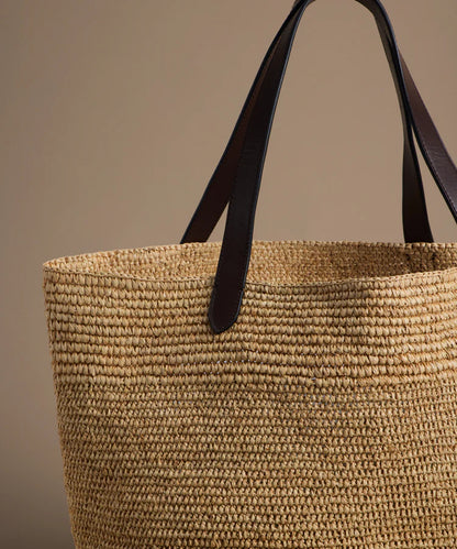Hand Crocheted Raffia Wide Opening Leather Handle Shopper Tote