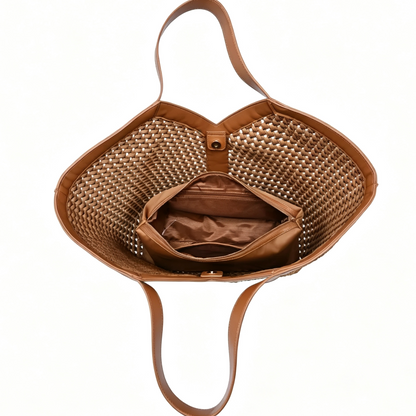 Natural Raffia Leather Trim Shoulder Vista Tote Bag
